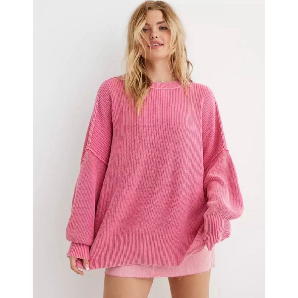 Aerie Beyond Sweater Oversized Knit Coral Sun Pink Sz Medium